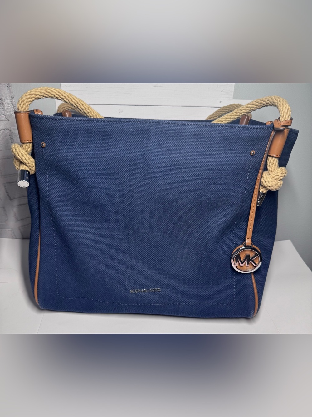 Michael Kors Navy Canvas Tote with Tan Rope Handles and Logo Charm